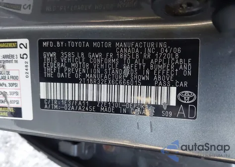 2006 Toyota Corolla Ce z USA, uszkodzony, nr VIN 2T1BR32EX6C666015